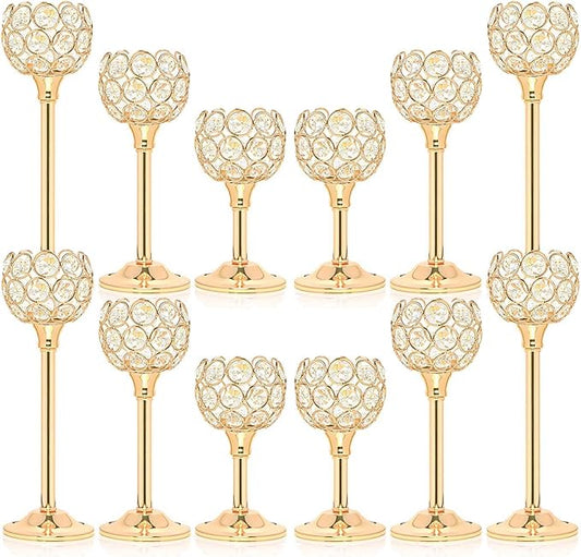 12pcs Bulk Crystal Candle Holder Set, 3 Sizes Tealight Candlestick Holders, Elegant Gold Candelabra for Wedding Table Centerpiece, Fireplace, Home & Living Room Decor