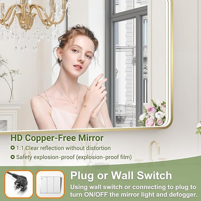 LED Bathroom Mirror with Lights, 20x28 Inch Brushed Gold Metal Frame LED Mirror for Bathroom, Stepless Dimmable 3 Colors Wall Mounted Lighted Bathroom Vanity Mirror, Anti-Fog, Memory