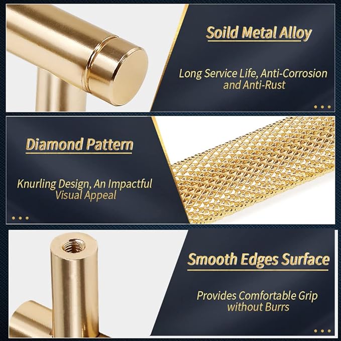 Knurled Cabinet Pulls 25 Pack, 6 Inch Long Cabinet Handles Metal Door Pulls, Kitchen Drawer Pull Knurled Dresser Handles - 5" Hole to Hole, Golden