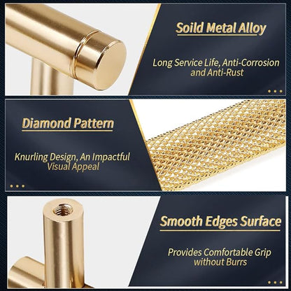 Knurled Cabinet Pulls 6 Pack, 5 Inch Long Cabinet Handles Metal Door Pulls, Kitchen Drawer Pull Knurled Dresser Handles - 3 3/4" Hole to Hole, Golden
