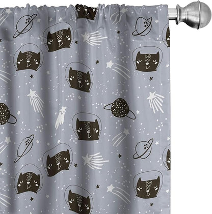 Ambesonne Outer Space Window Curtains, Astronaut Cats Exploring The Universe on Dotted Background, Lightweight Decor 2-Panel Set with Rod Pocket, Pair of - 28" x 63", Purple Grey