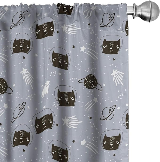 Ambesonne Outer Space Window Curtains, Astronaut Cats Exploring The Universe on Dotted Background, Lightweight Decor 2-Panel Set with Rod Pocket, Pair of - 28" x 95", Purple Grey