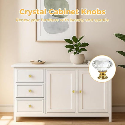 DEELF 30 Packs Kitchen Cabinet Knobs, 30 mm Crystal Cabinet Knobs, Diamond Dresser Handle Drawer Pulls, Dresser Knobs for Cabinets and Drawers, Gold Base