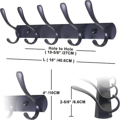 SKOLOO Modern Metal Wall Coat Rack with 5 Hooks, Pack of 2, Sturdy Wall Hook Rack for Hanging Coat, Jacket, Clothes, Hat, Matte Black