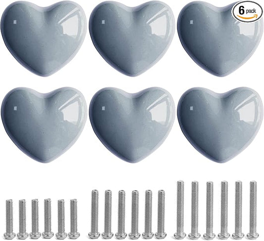 Ceramic Drawer Knobs Heart Shape Cabinet Dresser Pulls Handles with 3 Sized Screws, Kitchen Furniture Knobs for Closet Cupboard Wardrobe (6, Grey)