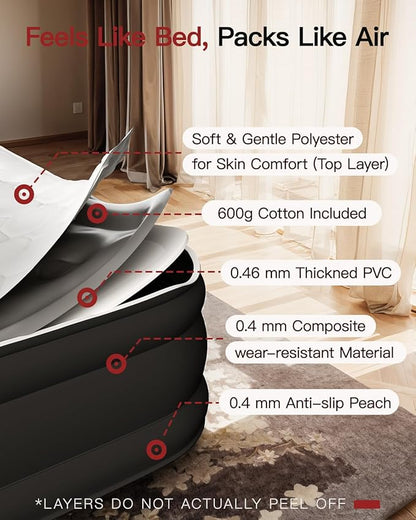 CHILLSUN Queen Air Mattress with Built in Pump,Raised Comfort Blow up Mattress,Dual Layer Mattress Topper Airbed,Durable Inflatable Mattress for Guests Home,Colchon Inflable 800lbs Max