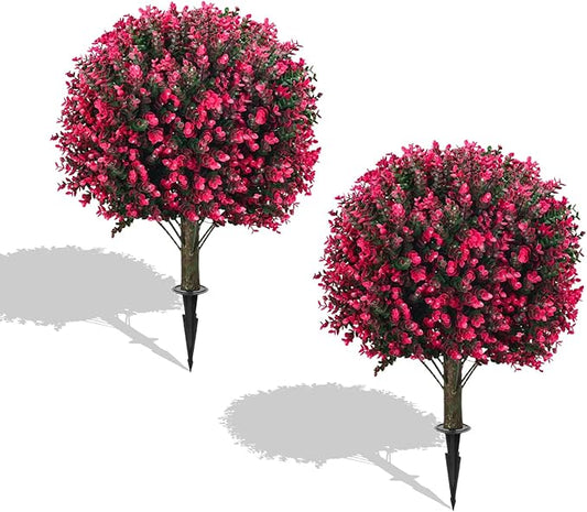 Artificial Rose Boxwood Spherical Tree, UV-Resistant Faux Shrub, Set of 2 Outdoor Artificial Plants, Suitable for Gardens, Porches and Outdoor Planters [24 inches]