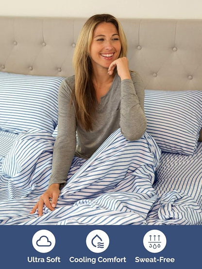 Extra Deep Split King Sheet Set - 7 Piece Breathable & Cooling Sheets - Hotel Luxury Bed Sheets Set - Easy Fit - Soft, Wrinkle Free & Comfy Sheets Set - Blue Striped Sheet Set w/Extra Deep Pockets