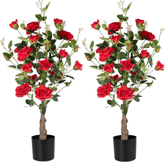 Artificial Rose Flower Trees 2 Pack- 38’’ Lifelike Plant in Pot with Red Flowers Decorative Rose Trees for Home, Office, Wedding, and Event Decor, Red