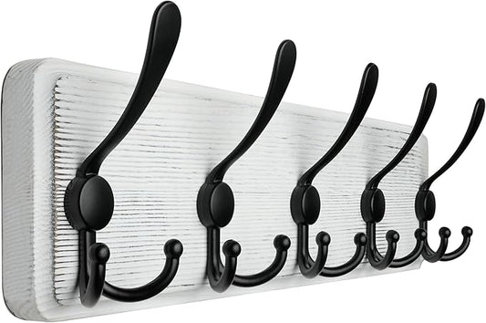 WEBI Coat Rack Wall Mount,Coat Hooks Wall Mounted,16" Hole to Hole,Coat Hanger Wall,Wood Hook Rack Rail,5 Triple Hooks for Hanging Coats,Jacket,Clothes,Black/White