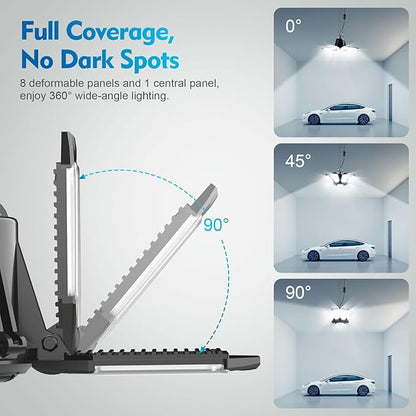 TANBABY Upgrade 250W LED Garage Lights Plug in 2 Pack, Total 50000LM Deformable Lights Ceiling LED Plug in Cord, Plug in Shop Light for Garage Lighting with 8+1 Panels Garages Bulb for Basement
