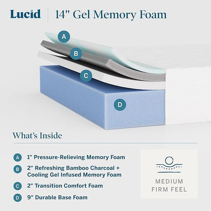 Lucid 14 Inch Memory Foam Mattress - Medium Firm Feel - Infused with Refreshing Bamboo Charcoal and Cooling Gel - Bed in a Box - Temperature Regulating - Pressure Relief - Breathable - California King