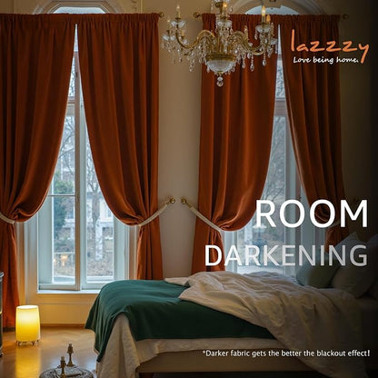 Lazzzy Velvet Blackout Curtains Thermal Insulated Room Window Drapes Super Soft Luxury Curtains for Living Room Bedroom Rod Pocket 2 Panels, Burnt Orange, 52" W x 102" L