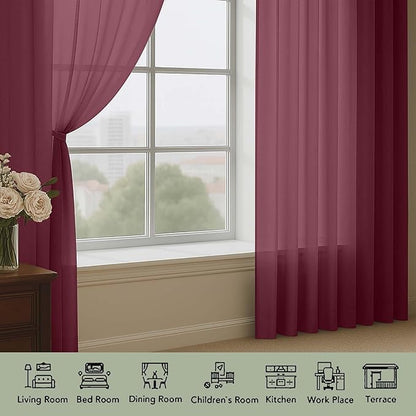 OWENIE Burgundy Sheer Curtains 108 Inches Long for Living Room Bedroom 2 Panels Set, Lightweight Airy Burgundy Sheer Curtain, Filmy Rod Pocket, 2 PCS, Each 59" W x 108" L