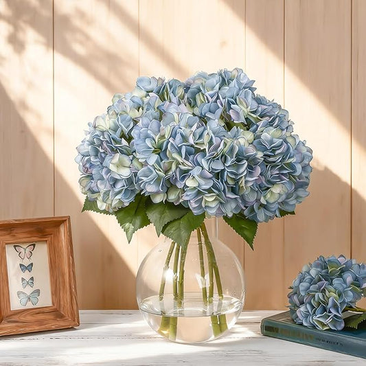 8 Pcs 18 Inch Hydrangea Artificial Flowers Faux Hydrangea Flowers with Stems Fake Bouquet Bulk Realistic Floral for Fall Home Table Christmas Indoor Outdoor Decoration(Blue)