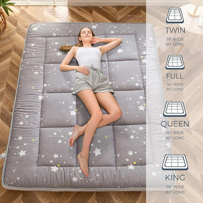 MAXYOYO Grey Constellation Futon Mattress, Japanese Floor Mattress Quilted Bed Mattress Topper, Extra Thick Folding Sleeping Pad Breathable Floor Lounger Guest Bed for Camping, King