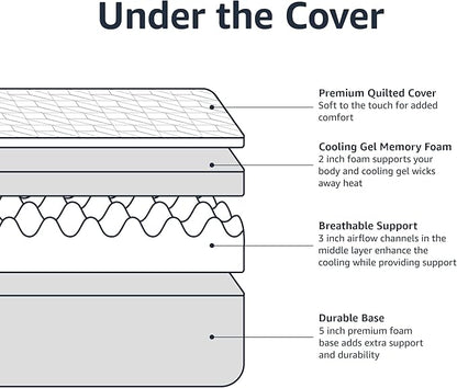 Amazon Basics Memory Foam Mattress, Medium Firm, Cooling Gel, Queen Size Mattress, CertiPUR-US® Certified Foam, 80 x 60 x 10 inches, White/Gray