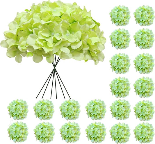 20 Pcs Green Hydrangea Artificial Flowers Bulk, Faux Hydrangea Flowers Heads, Artificial Fake Silk Hydrangea Flowers with Stems, Green Flowers Artificial for Decoration Wedding Décor Crafts
