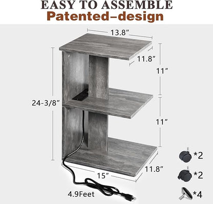 ZGREN End Table with Charging Station, Narrow Side Tables for Small Spaces with USB Ports and Outlets Rolling Bedside Nightstand Sofa Couch Slim Shelf Night Stand for Living Room, Bedroom, Grey