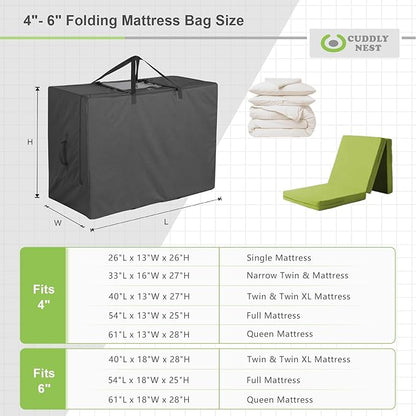 Cuddly Nest Folding Mattress Storage Bag - Heavy Duty Carry Case for Tri-Fold Guest Bed (Fits 6" Full Mattress,Black)