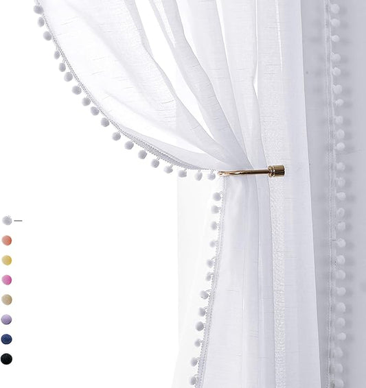 Treatmentex Pom Pom White Sheer Curtains for Living Room 63" Linen Texture Rod Pocket Window Sheers 52" w x 2 Panels, Rod Pocket Drapes