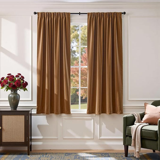 Lazzzy Velvet Blackout Curtains Thermal Insulated Room Window Drapes Super Soft Luxury Curtains for Living Room Bedroom Rod Pocket 2 Panels, Gold Brown, 52" W x 63" L