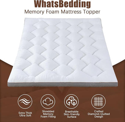 WhatsBedding 4 Inch Memory Foam Mattress Topper Twin Size for Pressure Relief, Extra Soft and Breathable Pillow Top Mattress Topper with 3D air mesh, Fluffy Shredded Memory Foam Filled，75 * 39 * 4in