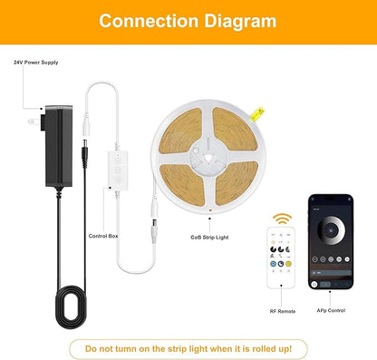 COB LED Strip Lights Warm White,24V Dimmable led Light Strip KIT with Remote and app Control,3000K 24FT/7.5m 8mm Wide Ra>90 Cuttable Flexible Strip Lights for Bedroom,Shelf,Cabinet