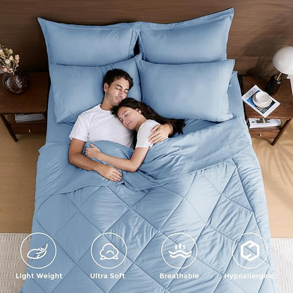 HEVUMYI Light Blue Queen Comforter Set - 7-Piece All Season Bed in a Bag Queen, Ultra Soft Bedding Set with Comforter, Flat Sheet, Fitted Sheet, Pillowcases, Pillow Shams