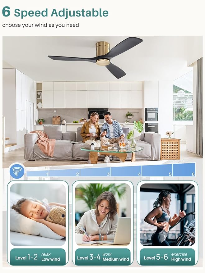 Sofucor 52 Inch Smart Ceiling Fan Without Lights Flush Mount Solid Wood Ceiling Fan with Alexa/Google Assistant/APP/Remote Control-Modern Outdoor Ceiling Fans No Light for Bedroom/Patio, Black Gold