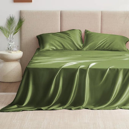 Love's cabin Twin XL Satin Sheet Sets - 3 Piece Sage Silky Bed Sheets with Deep Pockets, Luxury Silk Feel Satin Sheet Set Twin XL (1 Flat Sheet,1 Fitted Sheet,1 Pillow case)