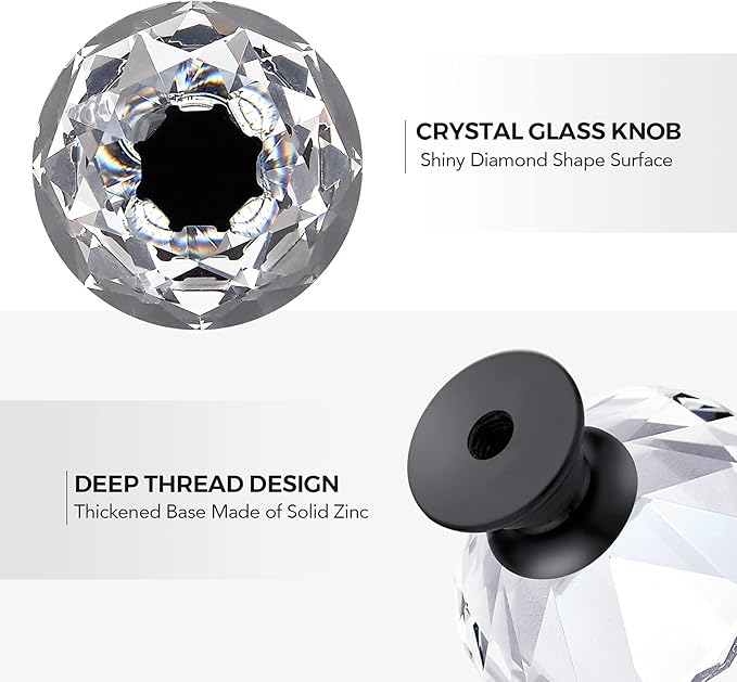 Ravinte 20 Pack Crystal Drawer Knobs - Glass Cabinet Knobs, Diamond Shaped, 30 mm with Black Base