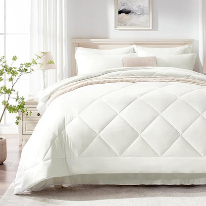 Love's cabin King Size Comforter Set Ivory, 7 Pieces King Bed in a Bag, All Season Bedding Sets with 1 Comforter, 1 Flat Sheet, 1 Fitted Sheet, 2 Pillowcase and 2 Pillow Sham