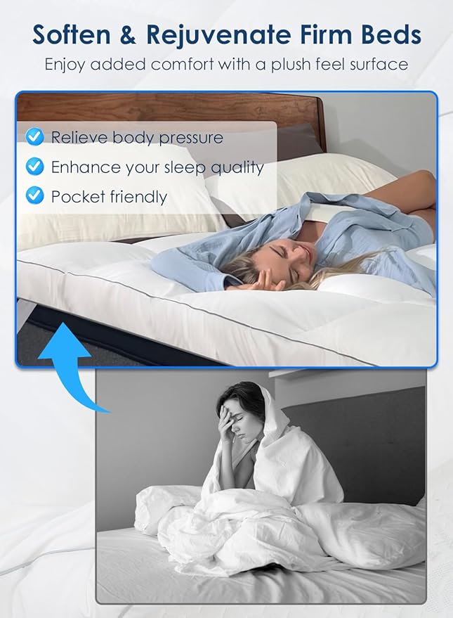 QUEEN ROSE Mattress Topper Queen, Extra Soft Pillow Top Mattress Topper Queen for Firm Bed, Thick Baffle Box Cooling Cloud-Like Down Alternative Filled, Back Pain Relief, White