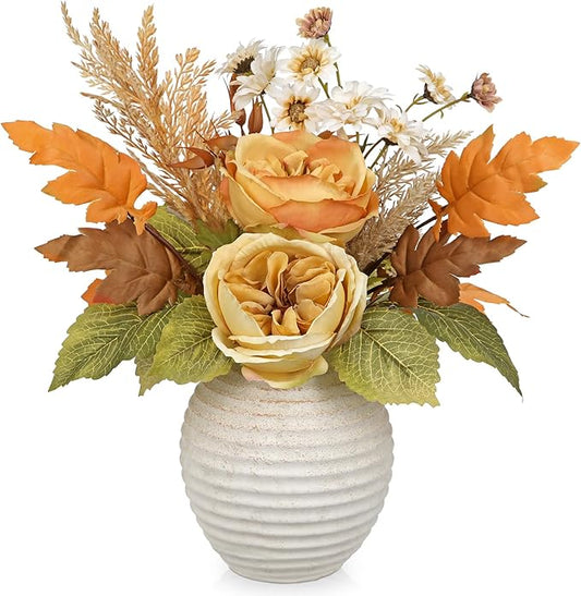 Artificial Fall Floral Centerpiece with Vase, Fake Flowers for Autumn Table Decorations, Silk Rose & Maple Leaves Arrangement, Rustic Cement Vase Harvest Decor for Dining Table, Kitchen, Living Room