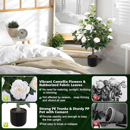 Hananona 2 Pcs Artificial Camellia Trees Faux Camellia Plant in Pot with Flowers Indoor Plants for Spring Home Decor Outdoor Porch Front Door Decor (White, M)