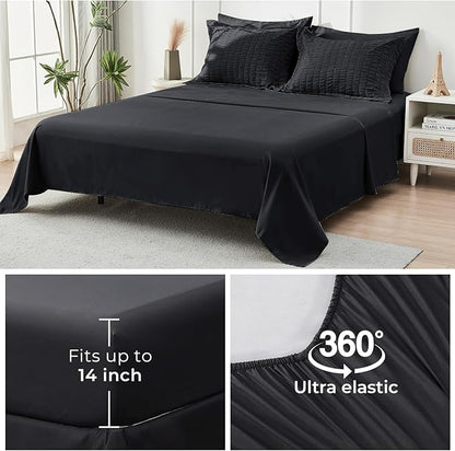 HYMOKEGE Black King Size Comforter Set Seersucker 7 Pieces, All Season Luxury Bed in a Bag for Bedroom, Bedding Set with Comforters, Sheets, Pillowcases & Shams