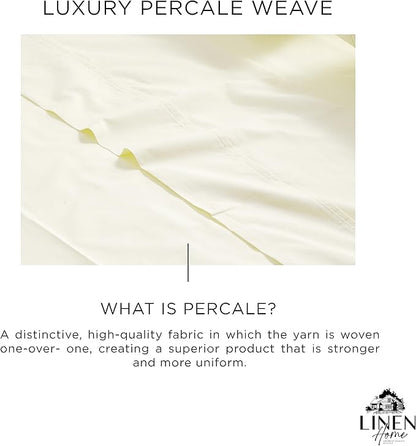Linen Home 100% Cotton Percale Sheets Queen Size, Cream, Deep Pocket, 4 Pieces Set - 1 Flat, 1 Deep Pocket Fitted Sheet and 2 Pillowcases, Crisp Cool and Strong Bed Linen