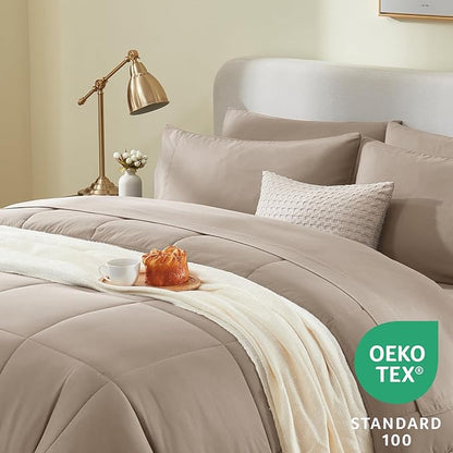 CozyLux Queen Comforter Set Khaki, 7 Pieces Bed in a Bag, Khaki Comforter Queen Size, All Season Bedding Sets with Stitch Quilted Comforter, Flat Sheet, Fitted Sheet, Pillowcases