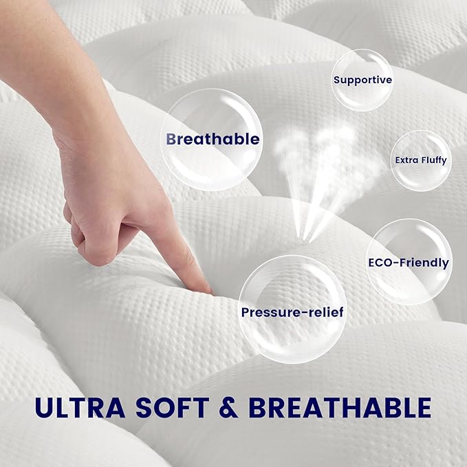 SLEEP ZONE King Mattress Topper Washable, Deep Pocket Mattress Pad, Thick Fitted Mattress Cover for Back Pain, Breathable Mattress Protector, Hotel Quality (White, King)