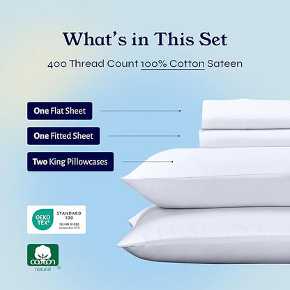 California Design Den California King Sheet Sets - Soft 400 Thread Count, Natural 100% Cotton Sateen, Cooling Sheets, Deep Pockets with All Around Elastic for a Snug Fit, Durable Bedding - White