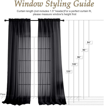 OVZME Black Sheer Curtains 84 Inches Long 2 Panels Set, Light Filtering Sheer Curtains for Living Room Bedroom 59 Inch Extra Wide, Modern Voile Filmy Rod Pocket Window Drapes, 59Wx84L Inches