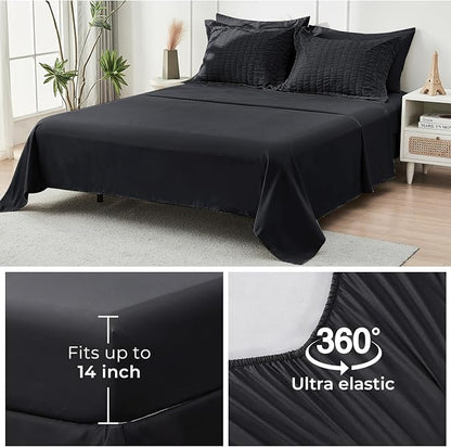 HYMOKEGE Black Twin Comforter Set Seersucker 5 Pieces, All Season Luxury Bed in a Bag for Bedroom, Bedding Set with Comforters, Sheets, Pillowcase & Sham