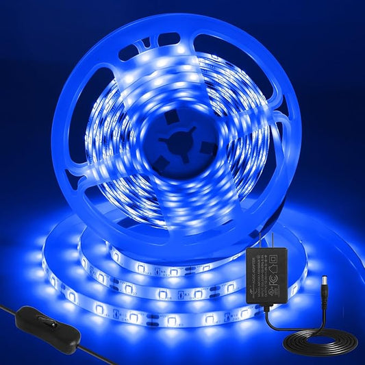 iNextStation Blue LED Strip Light, 16.4ft 5M 2835 SMD 300 LEDs 12V Flexible Cuttable LED Tape Light for Bedroom Kitchen Cabinet Wardrobe TV (Power Adapter Included)