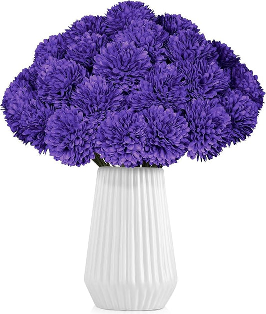 36 Pcs Purple Artificial Chrysanthemums Flowers Fake Mums Silk Vintage Ball Flower for Home Decor Indoor Floral Arrangement Table Centerpiece