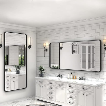 60x28 Black Framed Bathroom Mirror, Large Matte Black Bathroom Vanity Mirror for Wall, Rounded Rectangle Bathroom Mirror, Shatterproof (Horizontally/Vertically)