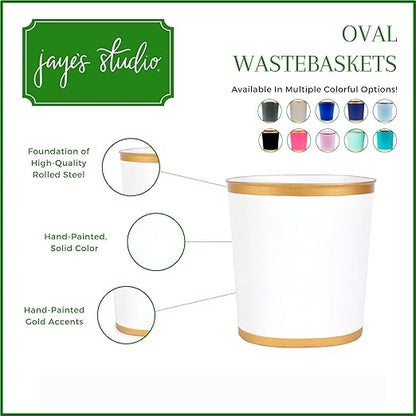 Jaye's Studio Mattie Decorative White and Gold Bathroom Trash Can, Metal Waste Basket Modern, Luxury Trash Bin for Bedroom, Dorm Room, Office Garbage Can, Oval Decorative Trash Bins (12" x 10" x 8")