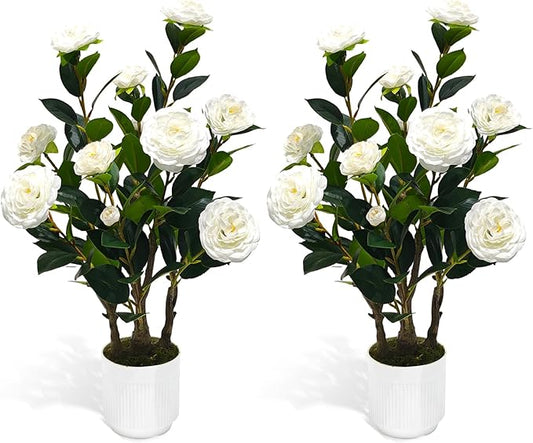 2Pack Artificial Camellia Tree, 2FT Faux Camellia Plant in Pot with White Flowers for Spring Home Front Door Outdoor Indoor Decoration,White
