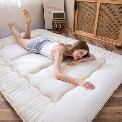 MAXYOYO Japanese Floor Mattress Futon Mattress, Thicken Sleeping Pad Foldable Roll Up Floor Futon for Adults Tatami Mat Dormitory Bed Lounger, Off White, Full Size