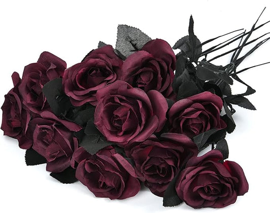 Artflower 10 Pack Artificial Silk Roses Bouquet with Long Stem, 16'' Wine Red Rose Lifelike Fake Rose Flowers for Christmas Wedding Birthday Party Table Centerpieces Decor